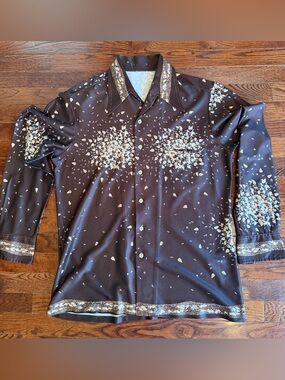 Vintage 70s Alan Stuart Polyester Disco Poly Shirt Large Brown Fall Button Up